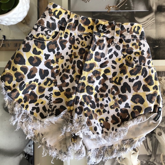 One Teaspoon Leopard Bandits Denim Cutoff Shorts - Picture 1 of 8